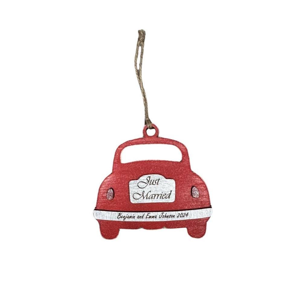 Just Married Car Christmas Holiday Ornament | Newlyweds Gift | Bridal Shower Gift | Personalized | Made of Wood