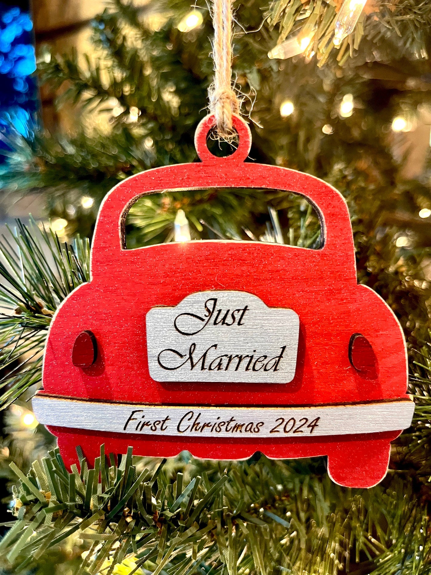 Just Married Car Christmas Holiday Ornament | Newlyweds Gift | Bridal Shower Gift | Personalized | Made of Wood