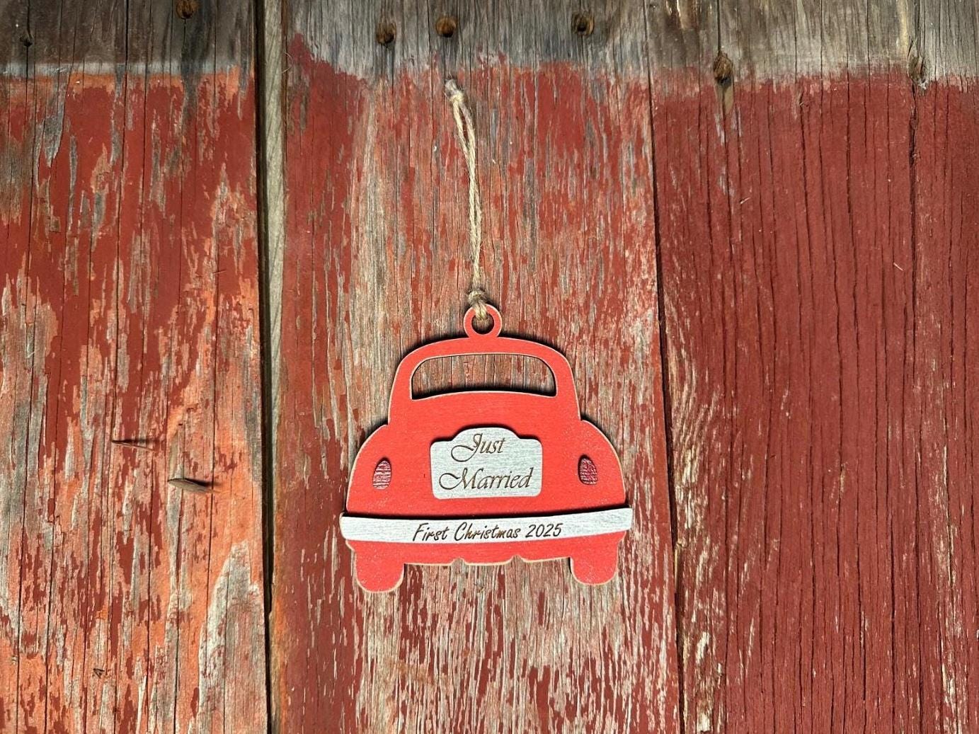 Just Married Car Christmas Holiday Ornament | Newlyweds Gift | Bridal Shower Gift | Personalized | Made of Wood
