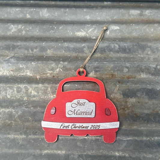 Just Married Car Christmas Holiday Ornament | Newlyweds Gift | Bridal Shower Gift | Personalized | Made of Wood