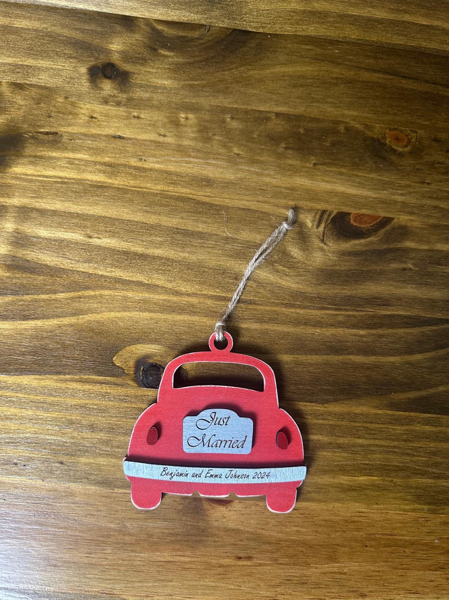 Just Married Car Christmas Holiday Ornament | Newlyweds Gift | Bridal Shower Gift | Personalized | Made of Wood