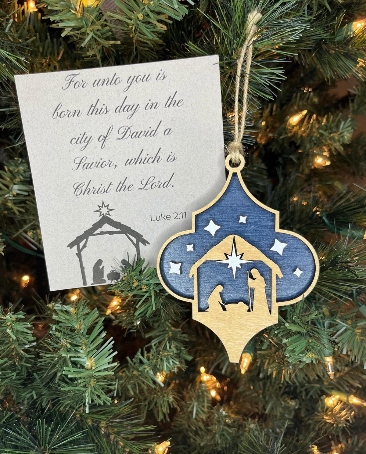 Religious Nativity Scene Christmas Ornament | Blue Holiday Gift | Church | Manger Scene