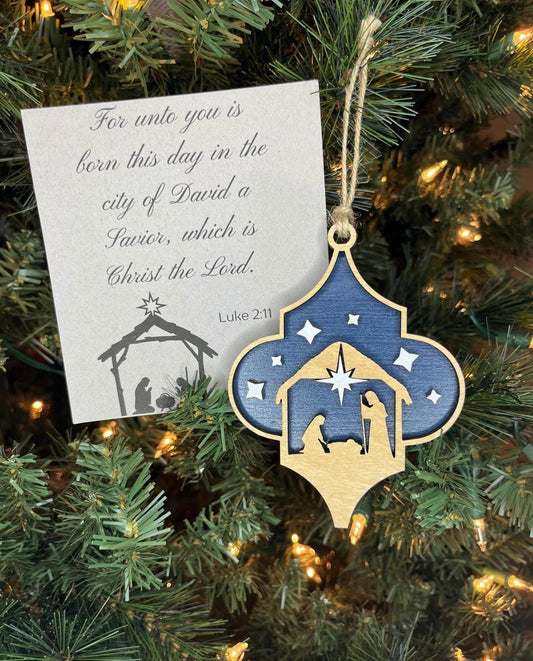 Religious Nativity Scene Christmas Ornament | Blue Holiday Gift | Church | Manger Scene