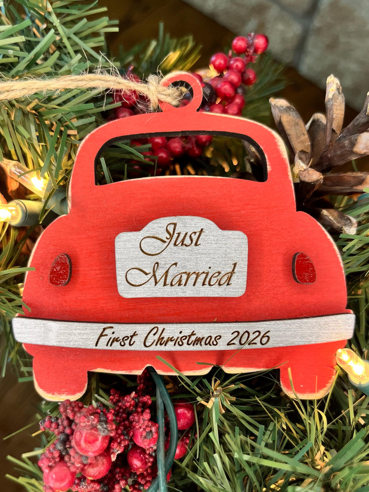 Just Married Car Holiday Ornament | Newlyweds Gift | Bridal Shower Gift  | Made of Wood | First Christmas