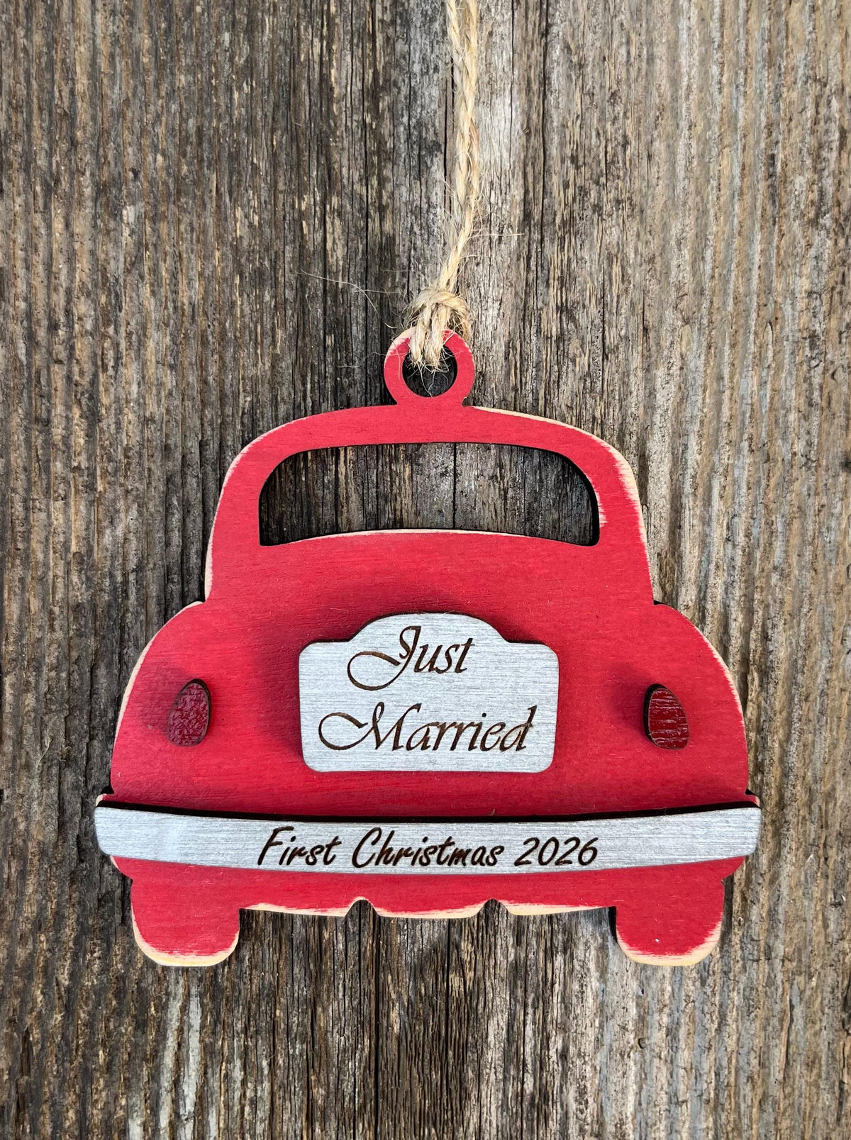 Just Married Car Holiday Ornament | Newlyweds Gift | Bridal Shower Gift  | Made of Wood | First Christmas